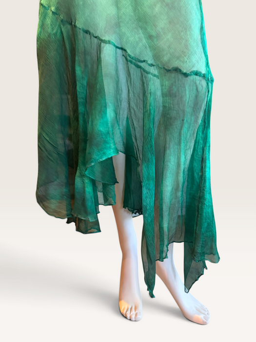 Ronda, hand dyed emerald green bias cut, asymmetric vintage chiffon beaded dress