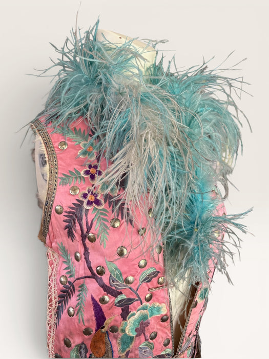 Adage, 19thC pink silk embroidered Chinese long waistcoat with feather collar