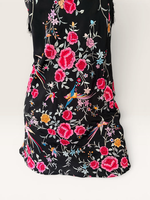Blackbird, reworked 40s black silk piano shawl floral short dress