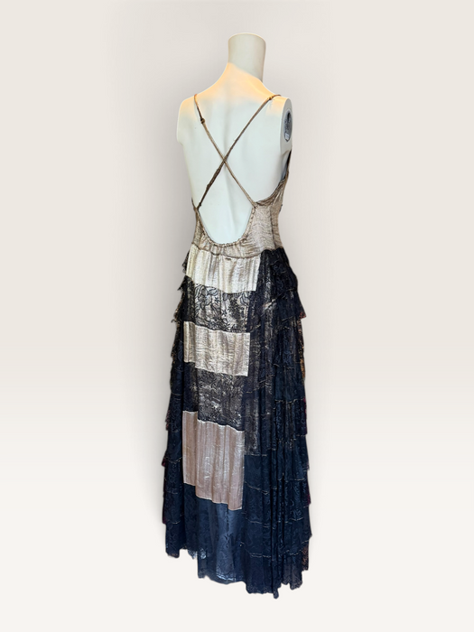 Fay, reworked 1930s gold and black lace tiered dress
