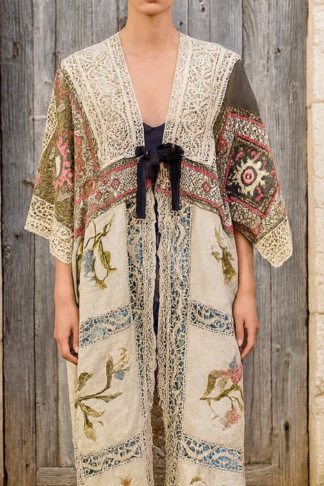 Hermione, reworked antique Rhajastani embroidered top and Victorian embroidered lace coat