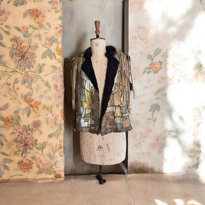 Tai, vintage metallic patchwork fringed sheepskin waistcoat