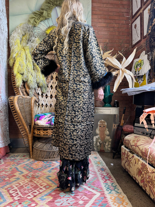 Colette, 30s lack and gold print robe with feather hem