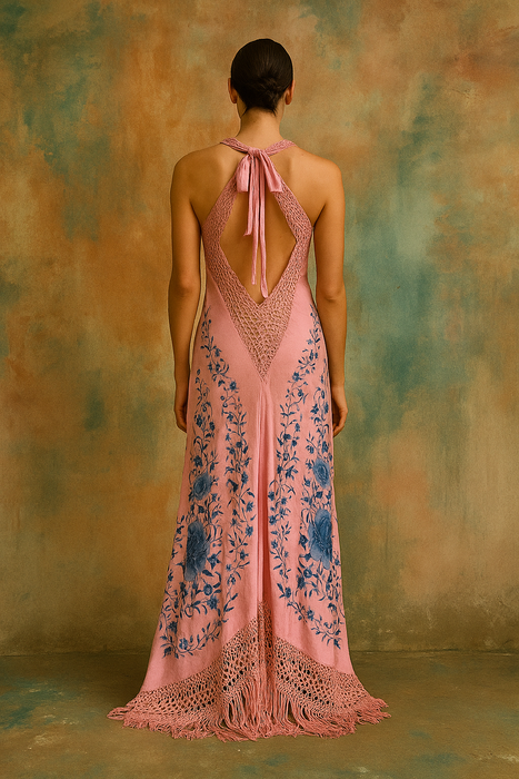 Lali, reworked 40s pink and blue fringed piano shawl embroidered dress