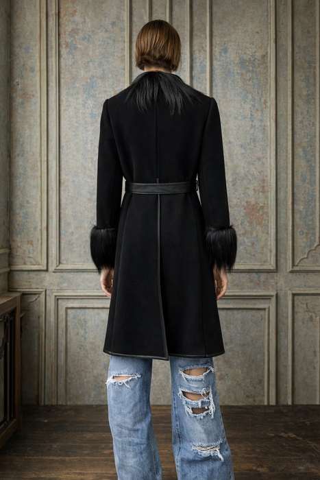 Baccarat, 70s black wool, leather and fur coat