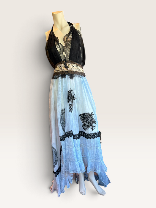 Portia, hand dyed Victorian pale blue cotton and black Chantilly lace dress