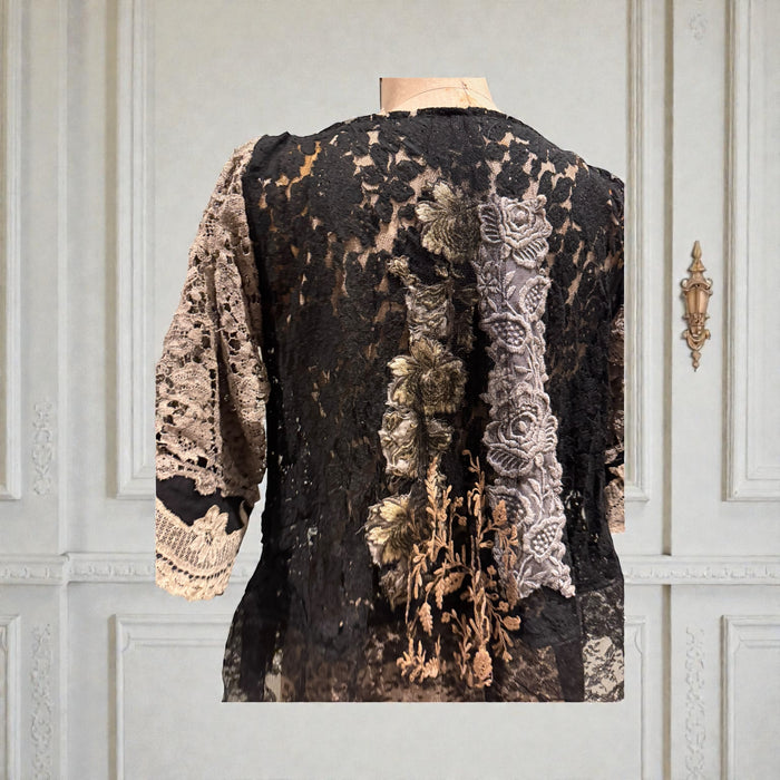 Calli, reworked 20s black lace and silver lamé top with 20s floral beading
