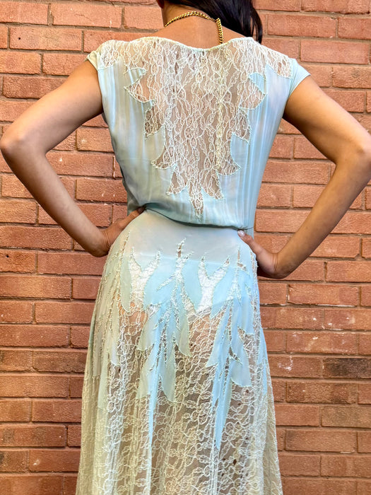 Jordan, 30s pale blue lace and rhinestone dress
