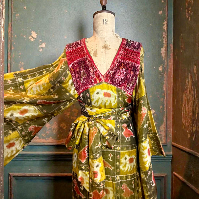 Thea Porter, Couture 70s silk print angel sleeve tiered dress