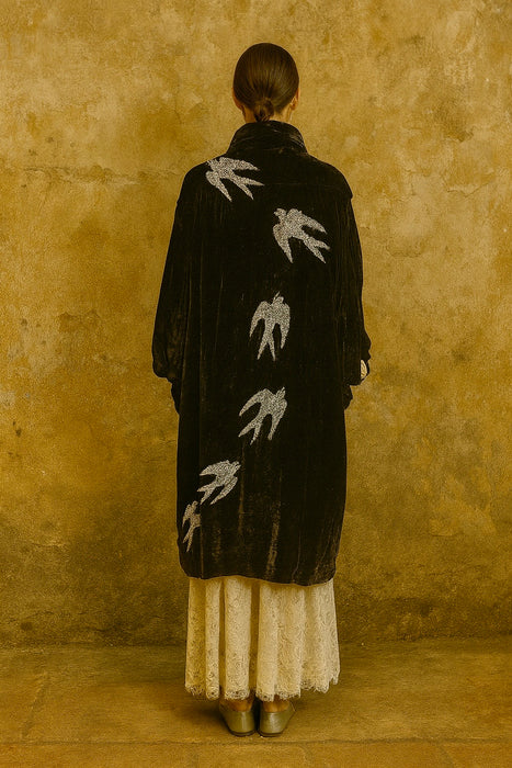 Edna, Art Deco beaded swans silk velour coat