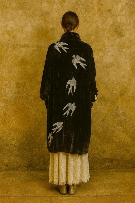 Edna, Art Deco beaded swans silk velour coat