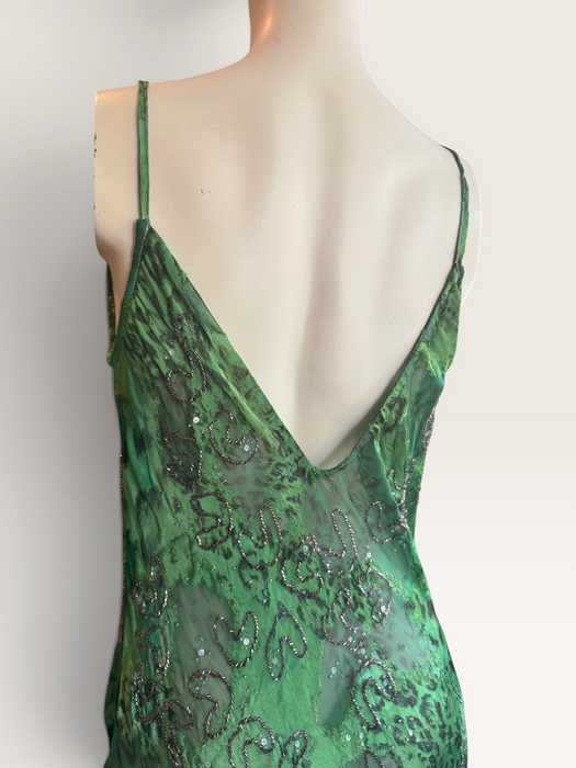 Lola, 90s beaded bias cut asymmetrical animal print dress