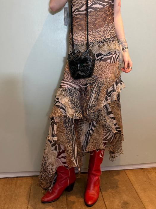 Lola, 90s mixed animal print silk chiffon  bias cut frill dress