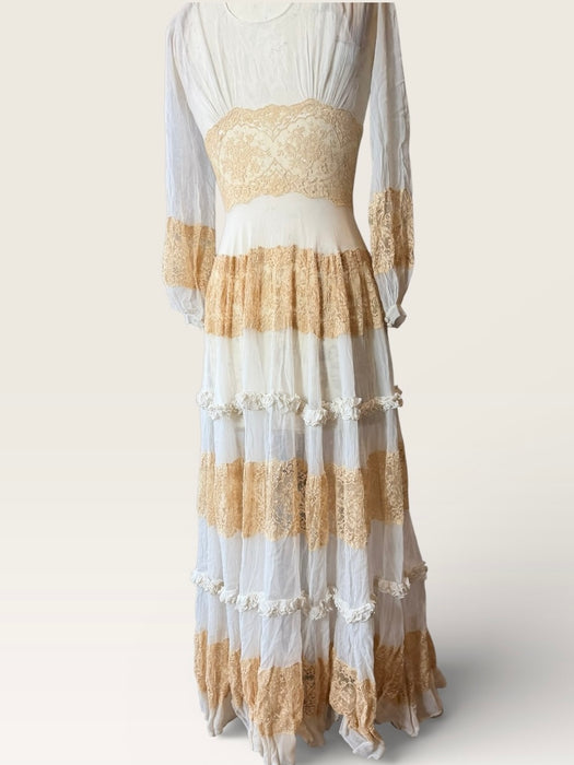 Sabine, 30s off white chiffon and cream lace tiered buttoned dress
