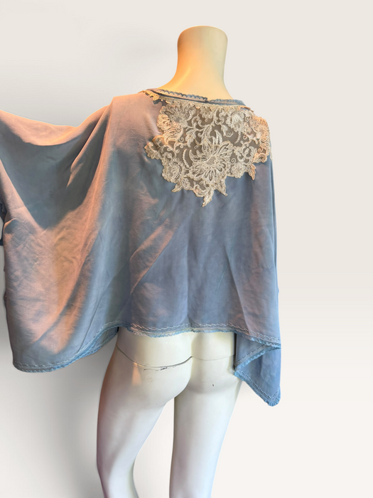 Adina, 30s, hand dyed pale blue silk and lace jacket