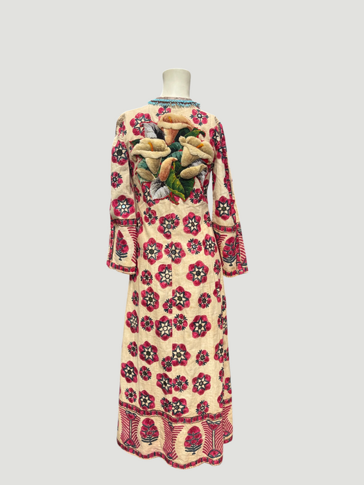 Chapan, early 19th C Uzbek chapan embroidered and beaded robe with couched Edwardian floral embroidery and turquoise buckle