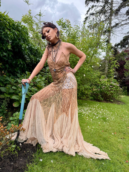 Sienna, reworked 90s beaded soft gold dress with cheesecloth inserts