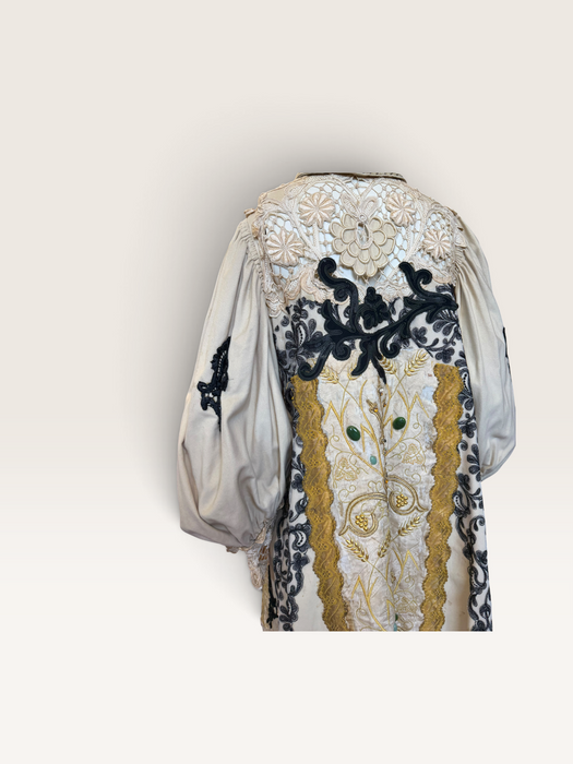 Veronica, reworked Edwardian cream and lace wool coat with gold thread beading