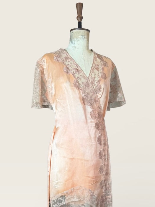 Patina, 30s peach silk and lace tulle belted wrap over dress/robe
