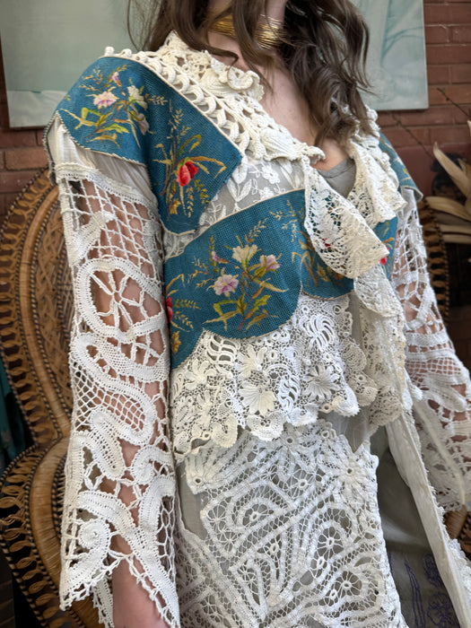 Joyce, reworked antique lace and needlepoint coat
