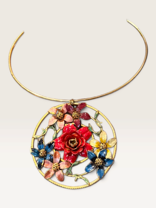 Jasmir, hand painted Victorian floral circular pendant on a thin gold choker
