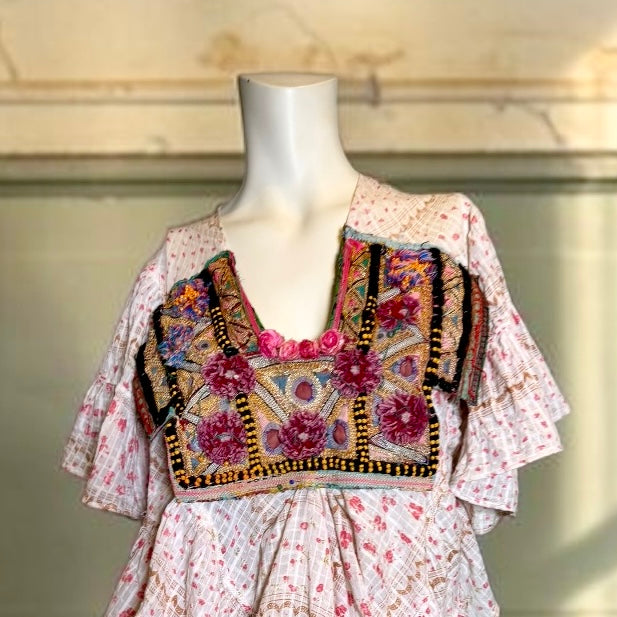 Blaze, 1940s floral cotton tunic with antique Indian embroidery
