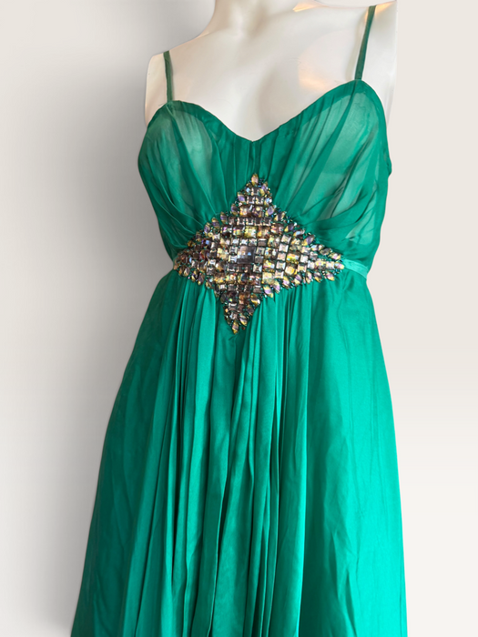 Tori, 90s emerald green silk chiffon Goddess dreamed beaded dress