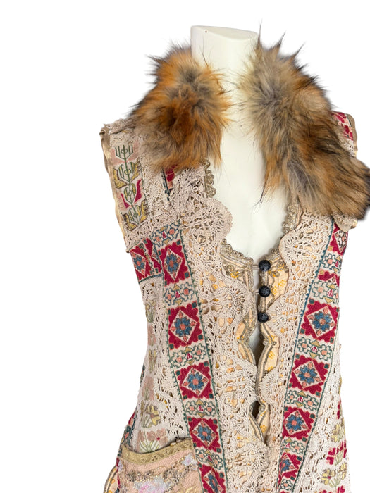 Chiara, 19th C Greek hand woven embroidered waistcoat with a faux fur collar and beaded side pocket