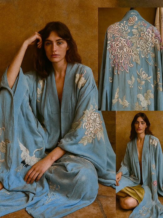 Flynn, 40s pale blue embroidered kimono