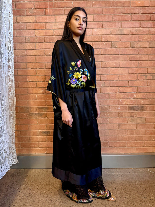 Jennifer, 40s floral black silk kimono
