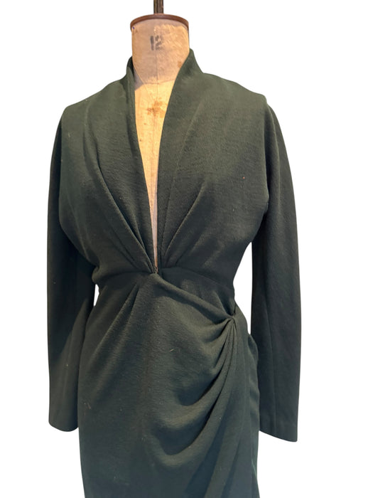 Donna Karen, Y2K bottle green wool draped wrap over dress