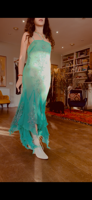 Esmeralda, 90s bias cut chiffon beaded dress with handkerchief silhouette