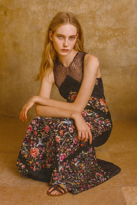 Avens, 40s reworked floral embroidered fringed scarf dress