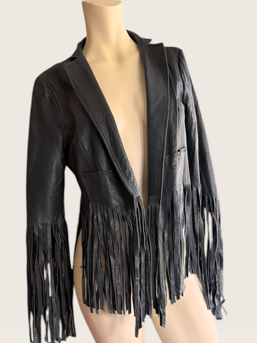 Kate Moss, for Top Shop Y2K navy leather fringed jacket