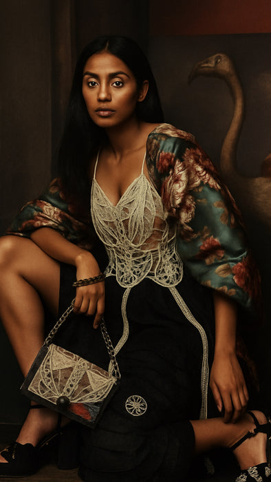 Alina, reworked Victorian tape work and silk lace dress