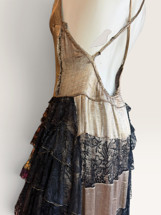 Fay, reworked 1930s gold and black lace tiered dress