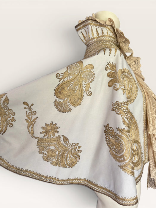 Shay, Ottoman cream and gold embroidered cape with cream lace ruffle collar