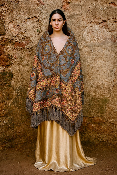Aura, reworked Victorian embroidered lace fringed cape