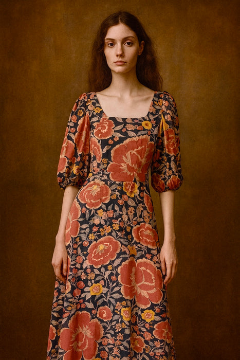 Mary, 70s silk floral print long dress wit balloon sleeves