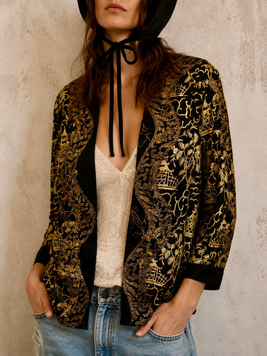 Pagoda, 1930s Chinese embroidered silk jacket with metallic gold embroidery
