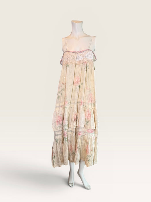Mattie, reworked Victorian frill, floral cotton dress and lace beaded details