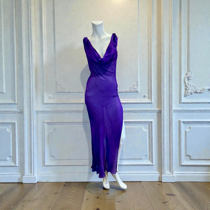 Axil, 90s purple silk chiffon bias cut dress with cowl neck