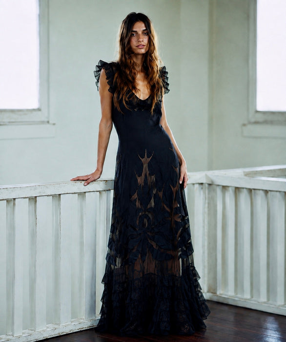Oriel, 30s black net silk cut out frill dress