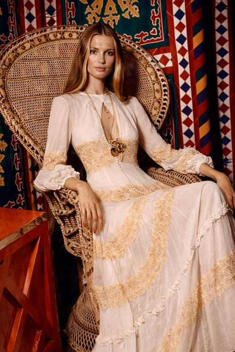 Sabine, 30s off white chiffon and cream lace tiered buttoned dress