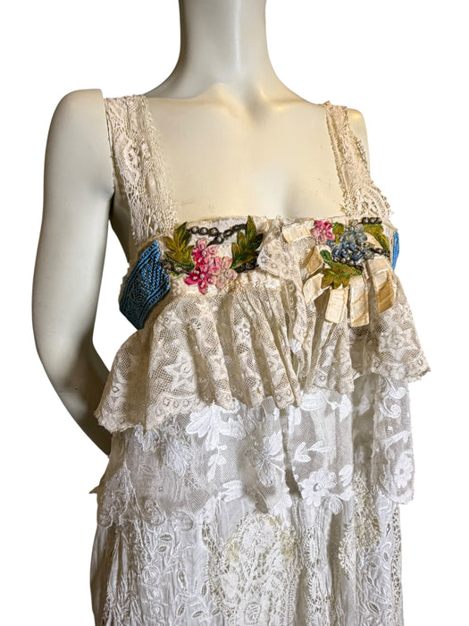 Roya, reworked Victorian lace dress with ribbon florals turquoise beading