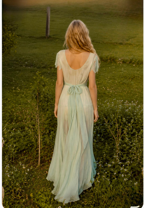 Ettore, original 30s pale blue silk chiffon dress with waist tie and frill shoulders