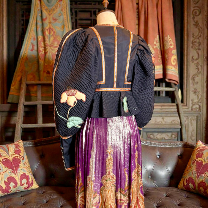 Bill Gibb, 70s jacket embroidered jacket and reversible metallic skirt