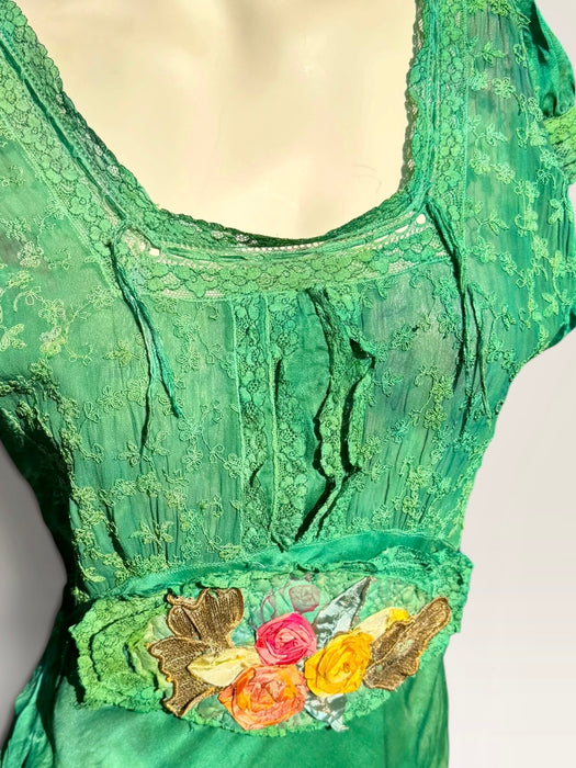 Bora, 1930s emerald green hand dyed silk bias cut dress with lace inserts and Victorian ribbon work florals