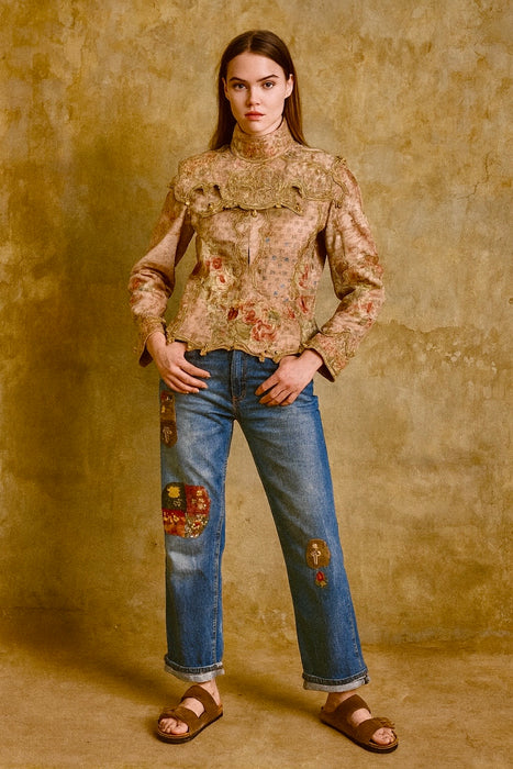 OV Denim, 70s jeans with Victorian hand embroidered patches