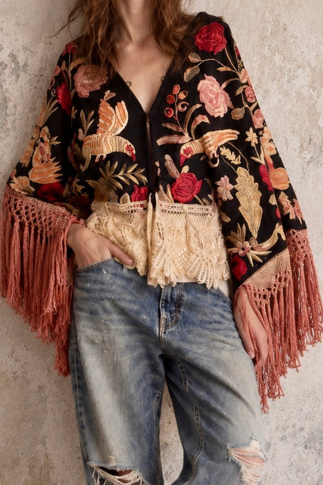 Jenx, reworked Hungarian 1930s fringed embroidered jacket